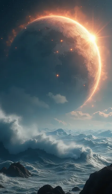 "Ultra-realistic, 8K scene of a massive celestial object, resembling a large planet or star, looming ominously in the sky as it approaches Earth. The object dominates the horizon, casting a bright, ethereal glow over the landscape. Earths surface reacts to...