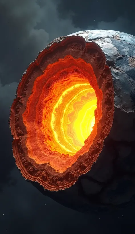 "Ultra-realistic, 8K cross-sectional view of Earth, vividly displaying its molten core, mantle, and outer crust. The core glows intensely with fiery orange and yellow light, radiating heat. The mantle appears turbulent and in motion, symbolizing instabilit...