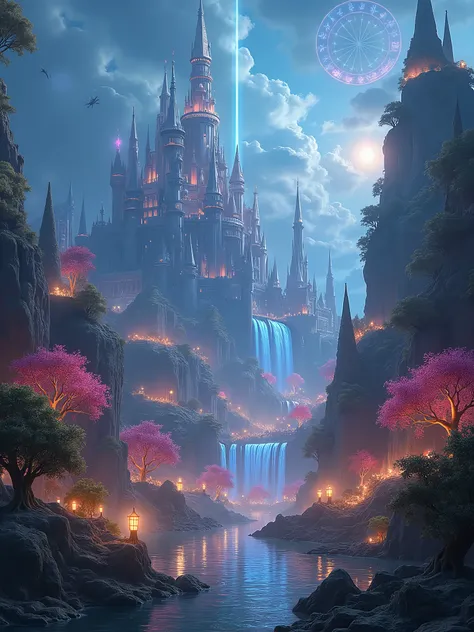 An exotic and majestic fantasy theme park, blending hyper-realism with surrealism in a breathtaking landscape. The park features towering crystal castles, vibrant bioluminescent forests, and waterfalls cascading down floating islands. The central plaza, cr...