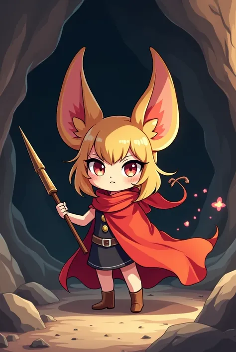 MG_3765.CR2: Create a cute chibi-style illustration of a hornet anthro character, depicted as a furry female with a small frame, standing solo without visible feet. She holds a needle weapon made of thread and wears a flowing red cloak that adds a vibrant ...