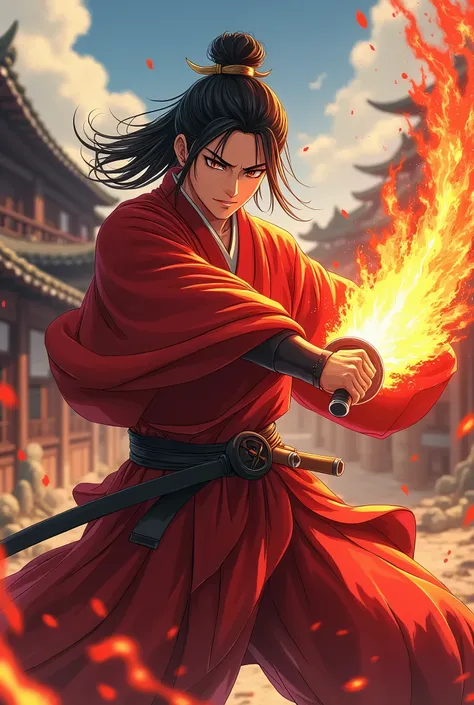  Japanese anime samurai wearing a red costume, Red robe,  standing in front of a Japanese village ,  holding a burning red sword ,  using the final move , Move the fire dragon .