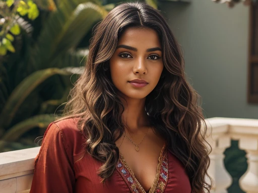 masterpiece, indian woman, wavy style hair, medium breast, wearing red long shirt, tan, face detailed, detailed clothes, realistic, super detailed, 8k, high quality, overall focused, intricate details, highly detailed, Day scene, bright sun, photo captured...