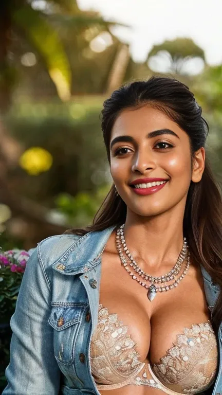 from bottom view, extreme close up photo of Pooja hegde, swooping breasts, deep cleavage, smile, standing with wide open spread legs on garden, denim jacket and white lace bra, necklace, (cinematic:1.3), intricate details, (ArtStation:1.2)