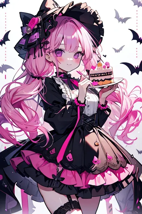 1 girl、Mature、Long Hair、Long eyelashes、Pink Hair、Trimmed bangs、 twin tails、Curly Hair、Goth、Miniskirt、Lace fabric、Frills、ribbon、Lace-up、Lots of sweets、Halloween sweets、cake、smile