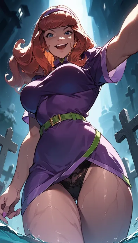 Perfect selfie, Daphne Blake, masterpiece, Best quality, absurd, big breasts, long hair, thick thighs, full legs, wet, dynamic pose, (hair covers one eye), wearing a large white shirt (t-shirt) and black panties, lower angle, naughty smile, in the cemetery...