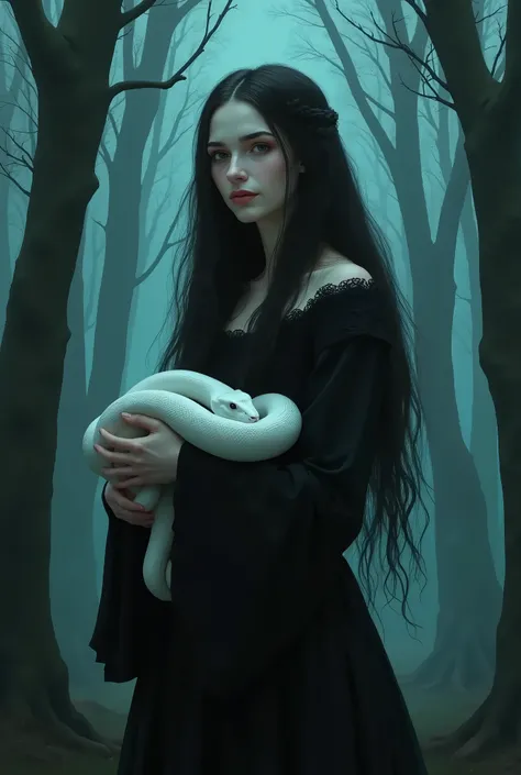 Woman with white eyes , European woman,  SlavyankaLong black hair , pale skin, smile, smiling, tranquility, demon, gentle,  black medieval dress with closed neck, and a white snake in her arms , art, There is a dark forest in the background, turquoise shad...