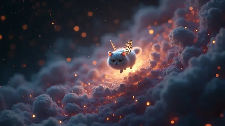 3D fluffy Pixie Kitty stuffed cat, Cat Angel、(Floating above the colorful Tokyo nightscape),3D Kitty Cat in a cosmic maelstrom nebula, rendered in cosmic beach whirlpool engine, volumetric lighting, spectacular, ambient lights, light pollution, cinematic a...