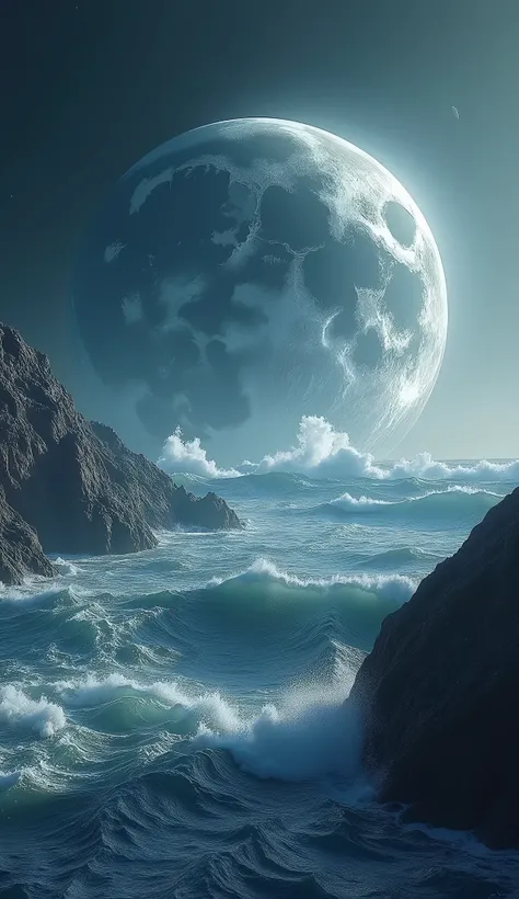 "Ultra-realistic, 8K scene of Earth and the Moon viewed from space, with immense gravitational forces between them creating colossal tidal waves on Earths surface. The oceans rise to unnatural heights, forming massive waves that crash violently against con...