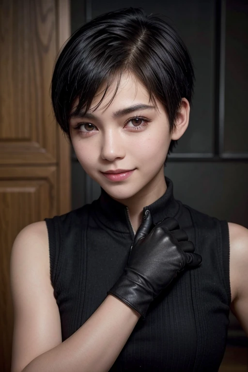 spiky bald hairstyle, short hair, mexican skin, gloves, uniform military, 1girl ,dark black hair, ((hair cut super short,)), soft Brown eyes, smile lips,