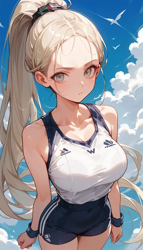 ((masterpiece:1.2, Best Quality)), 1. Aldi, Alone, (Gym Wear),  Platinum Blonde , Long Hair,  (Top view,  Front Focus , looking straight ahead), (forehead), Jump, Above the waist,  ponytail, Big Breasts,  We:1.1