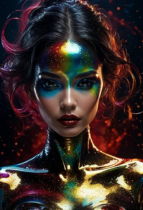 (body formed by galactic liquid mauevine and black metallic paint twisting into a beautiful interpretation of the female figure), au naturel,((complex galactic metallic colours in the foreground)), (( fluid mechanics, the loveliest smooth scale face makeup...