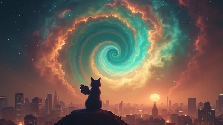  3D fluffy Pixie Kitty plush cat 、Black Cat、Cat Angel 、( floating above a colorful night view of Tokyo )、 3D cat in the spiral nebula in space 、 rendered with a space beach spiral engine、Volumetric lighting、Spectacular、Zhou Haoguang、Light Pollution、Cinemat...