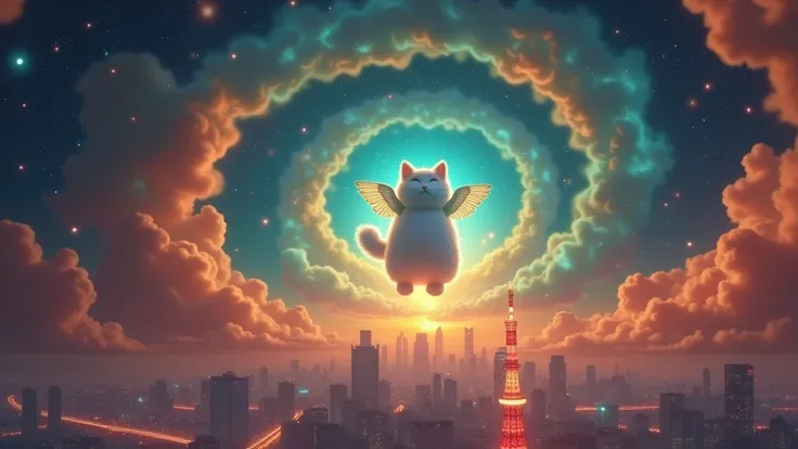  3D fluffy Pixie Kitty plush cat 、Three-haired cat、Cat Angel 、( floating above a colorful night view of Tokyo )、 3D cat in the spiral nebula in space 、 rendered with a space beach spiral engine、Volumetric lighting、Spectacular、Zhou Haoguang、Light Pollution、...