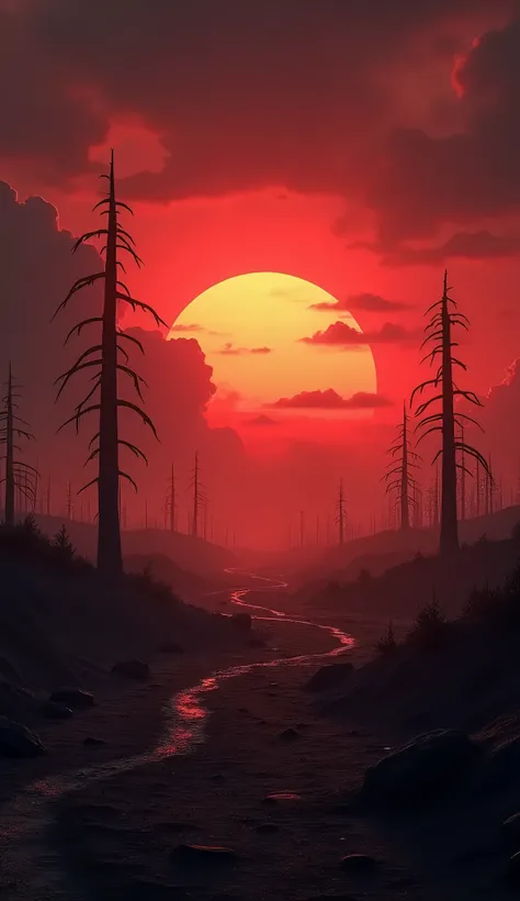 "Ultra-realistic, 8K scene of the sun rising from the west over a dark, eerie landscape. The sky is painted in deep red and orange hues, with long shadows stretching across a barren, desolate ground. The world is still and unsettling, with a few scattered,...