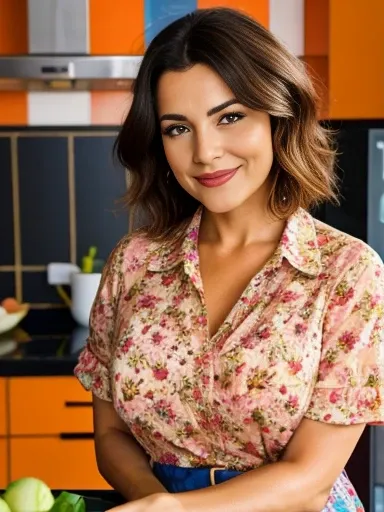 Image in 8k or higher of a woman,  Spanish  woman, 40 years old, bob hair, floral shirt, kitchen background, full bust, happy 