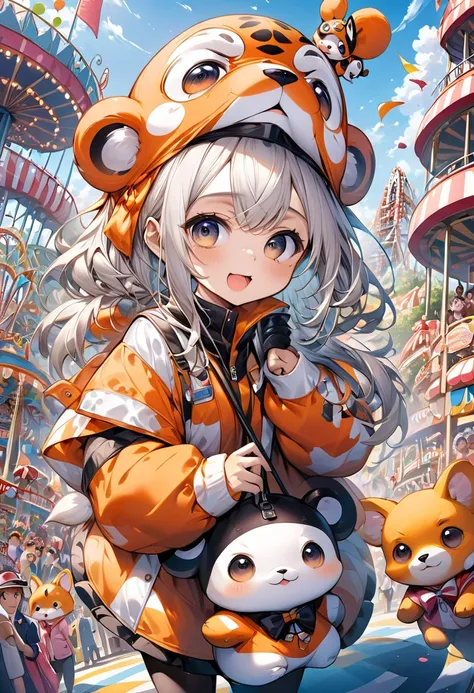 (Best Quality,Extremely detailed depiction, incredible high definition,High quality anime drawings),Deformed Characters,Amusement park staff wearing cute animal costumes,background:A bustling amusement park 