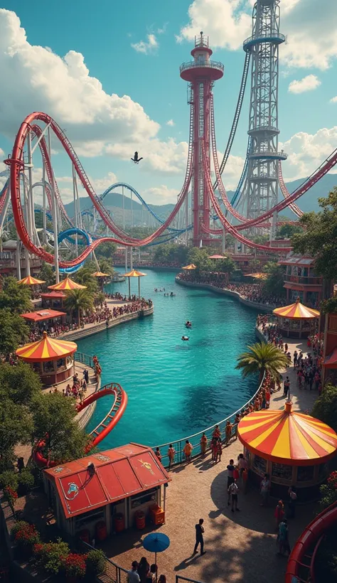 A thrilling amusement park designed as an ultimate escape from daily challenges, featuring extreme rides like a looping roller coaster that twists through fiery tunnels, a dizzying drop tower that takes riders to the sky before plunging them rapidly down, ...