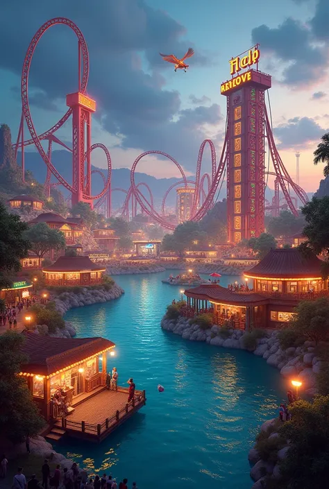 A thrilling amusement park designed as an ultimate escape from daily challenges, featuring extreme rides like a looping roller coaster that twists through fiery tunnels, a dizzying drop tower that takes riders to the sky before plunging them rapidly down, ...