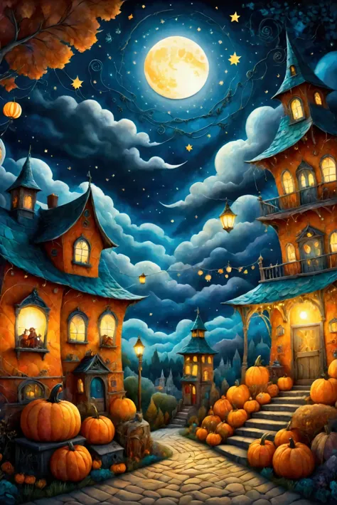 design an endearing storybook illustration of a slightly spooky but fun haunted house at a fairground. the haunted house, with i...