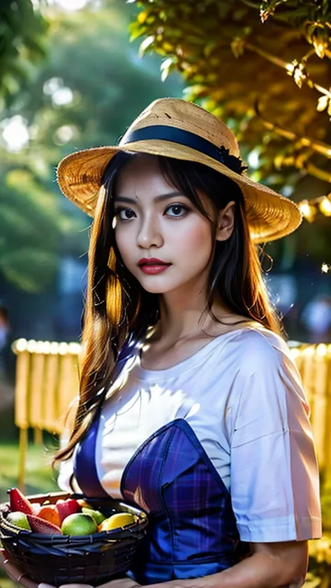 Photo-style.Night picnic.Midnight in the deep purple space outside Universe the Earth,the red Sun blazes red and very fiercely.Navy blue space.A very young and cute and beautiful Japanese witch with translucent white skin is wearing a small witch hat.She s...