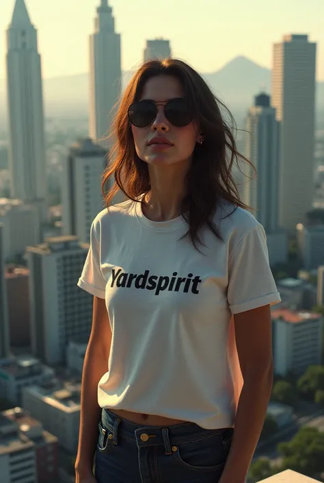 Woman with a tshirt ,  on the tshirt is the inscription Yardspirit, The woman stands on a high-rise building, Latin American, Brazil