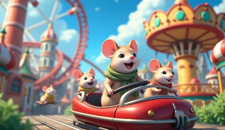 An amusement park where many mice play、Mice ride a small roller coaster 、、Anime Style、High definition、 mice ride a retro merry-go-round、
