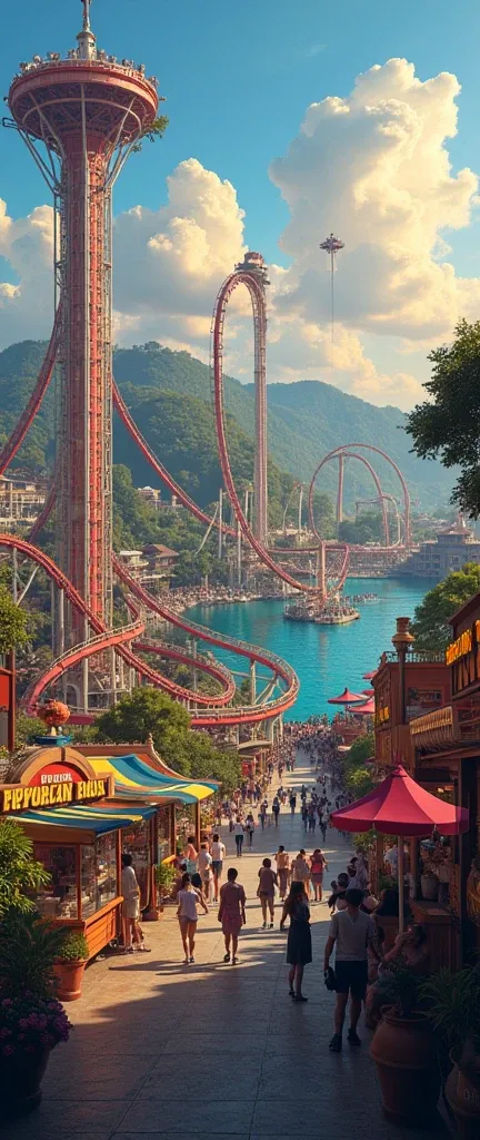 A thrilling amusement park designed as an ultimate escape from daily challenges, featuring extreme rides like a looping roller coaster that twists through fiery tunnels, a dizzying drop tower that takes riders to the sky before plunging them rapidly down, ...