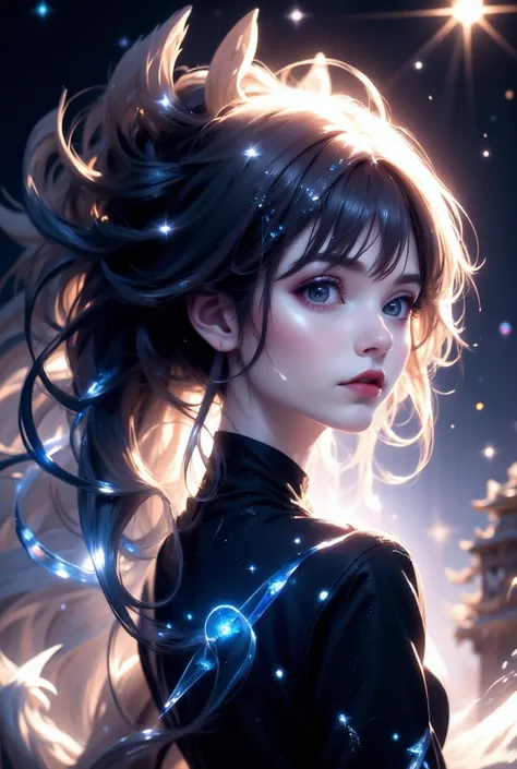 a female specter with long curly hair,glowing silver eyes,stars in the sky,ethereal,magical,fantasy creature,intricate details,cinematic lighting,dramatic portrait,digital art,highly detailed,photorealistic,vibrant colors,chiaroscuro,dramatic shadows,moody...