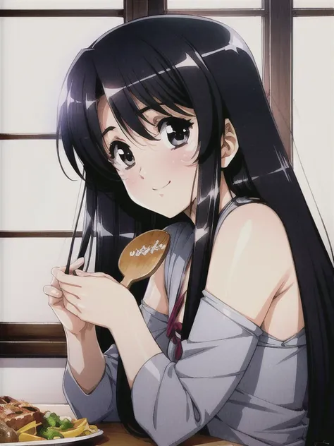  1 girl , Black Hair,Long Hair,See the listeners, Shoulder-length hair　　　 anime style　Having a meal　smile