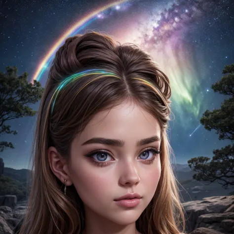 detailed portrait of a young, beautiful girl with large, expressive eyes, lush eyelashes, and delicate facial features, surrounded by a dreamlike, fantasy landscape under a starry night sky, with a glowing rainbow aura and soft, ethereal lighting, digital ...