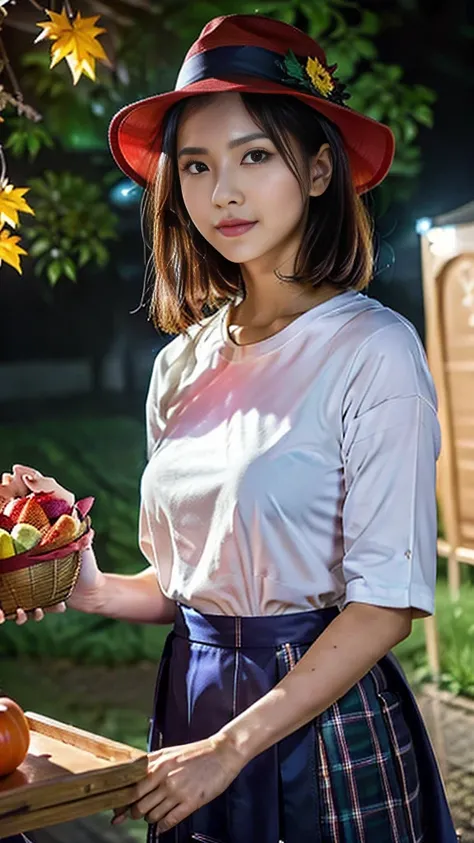 Photo-style.Night picnic.Midnight in the deep purple space outside Universe the Earth,the red Sun blazes red and very fiercely.Navy blue space.A very young and cute and beautiful Japanese witch with translucent white skin is wearing a small witch hat.She s...