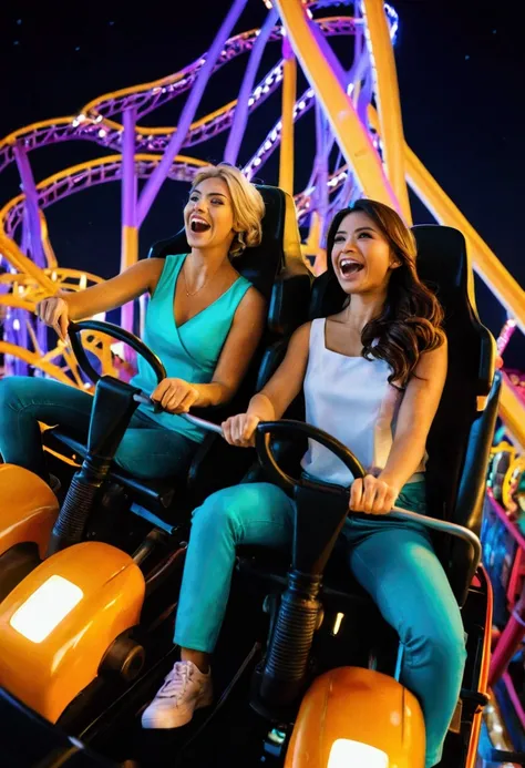 2 beautiful women riding a roller coaster,  Illuminated night view