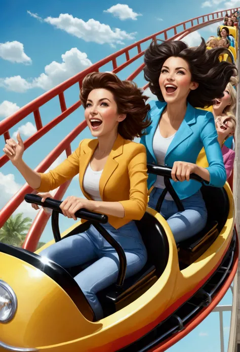 2 beautiful women riding a roller coaster, Daytime