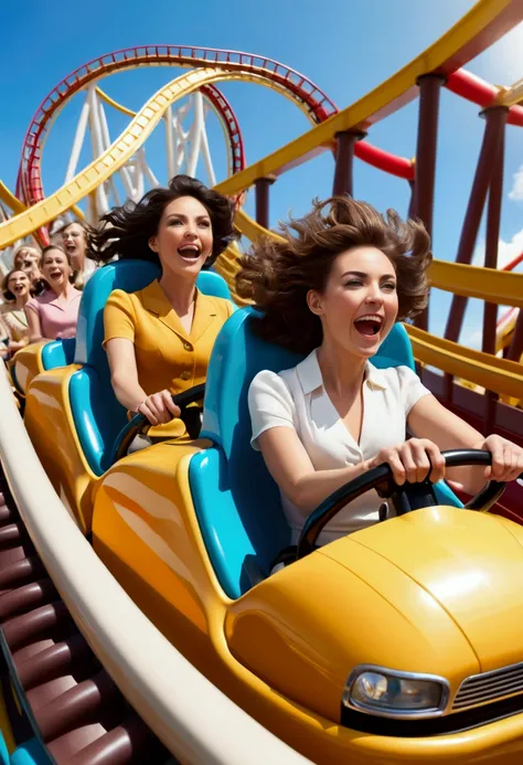 2 beautiful women riding a roller coaster, Daytime