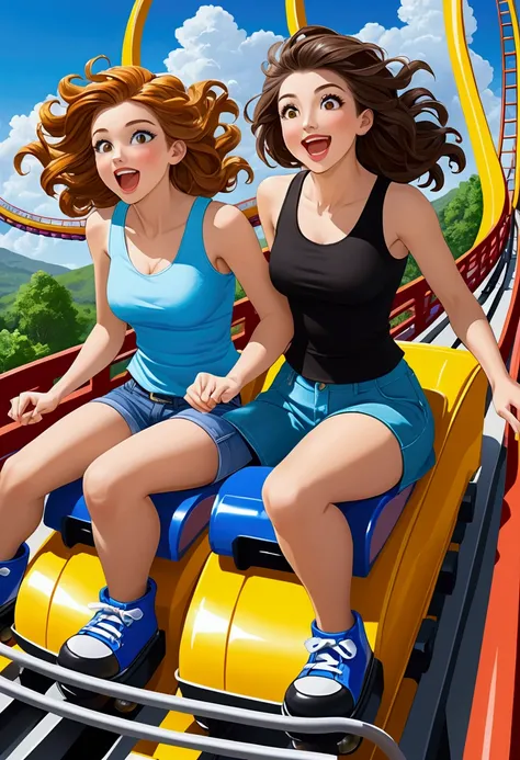 2 beautiful women riding a roller coaster, Daytime