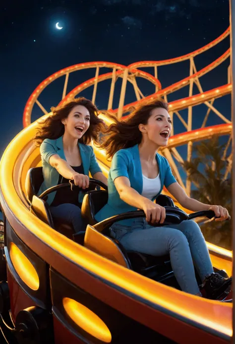 2 beautiful women riding a roller coaster,  Illuminated night view