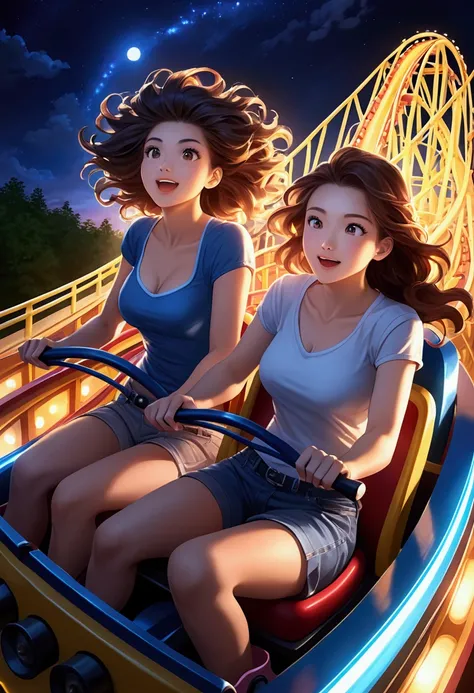 2 beautiful women riding a roller coaster,  Illuminated night view