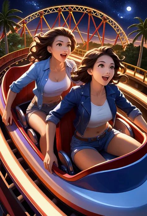 2 beautiful women riding a roller coaster,  Illuminated night view