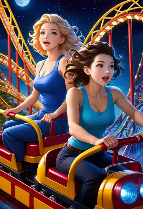 2 beautiful women riding a roller coaster,  Illuminated night view