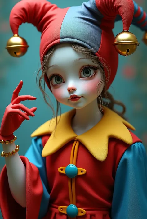 Pomni from the amazing digital circus series, jester girl with red and blue jester suit red and blue jester hat with two bells, right hand with red glove, left hand with blue glove, pale skin, marble eyes, yellow collar, yellow buttons