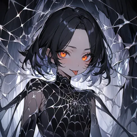 Spider femboy in a cave full of webs, slim, short, medium length black hair with curtain bangs, shows forehead, tongue out, {HD}