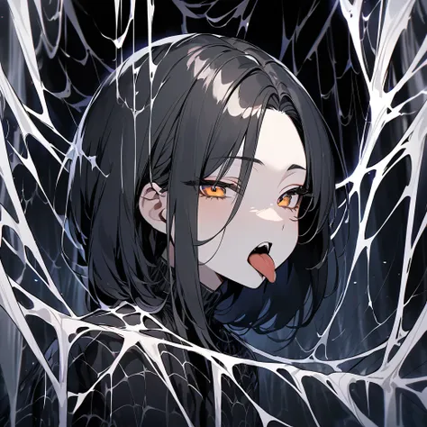 Spider femboy in a cave full of webs, slim, short, medium length black hair with curtain bangs, shows forehead, tongue out, {HD}