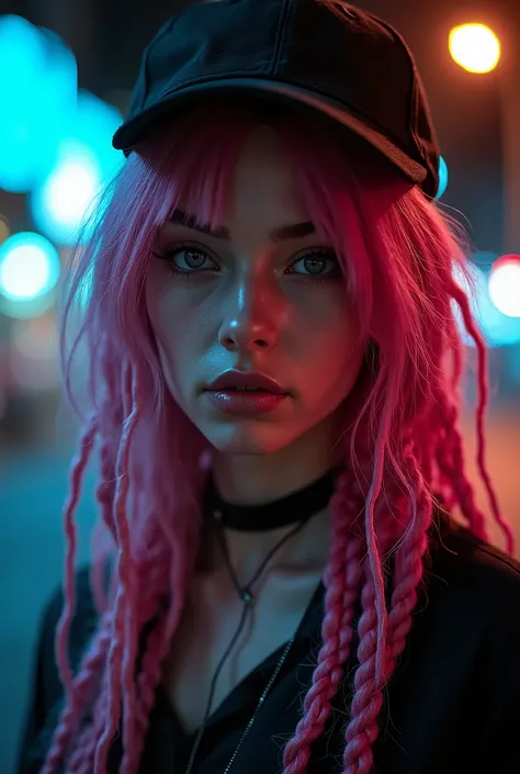  Woman with wild features ,  with pink dreadlocks ,  in a cap,  fair with two braids and two colors in her hair.   Waist image at night at the ,   illuminated by bright ,   light illuminating half of her face .