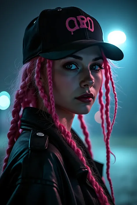  Woman with wild features ,  with pink dreadlocks ,  in a cap,  fair with two braids and two colors in her hair.   Waist image at night at the ,   illuminated by bright ,   light illuminating half of her face .