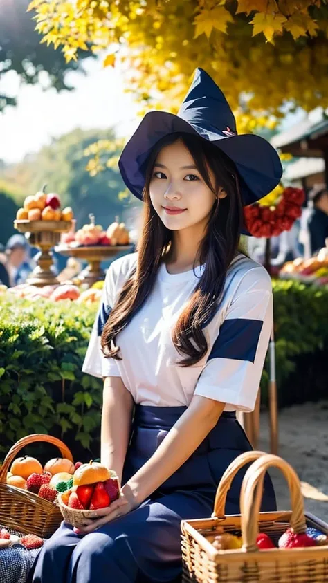 Photo-style.Autumn Galaxy picnic.There is navy blue space outside,the red Sun blazes and very fiercely,big flare.Jet black Galaxy.A very young and cute and beautiful Japanese glamorous witch with translucent pale pink skin is wearing a small witch hat and ...