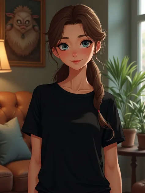 IMG_4938.CR2: Create a high-resolution design for an oversized black T-shirt featuring a beautiful girl with a stunning face and a warm smile. She has long, brown hair styled in a ponytail that flows gracefully, complemented by striking sky-blue eyes that ...