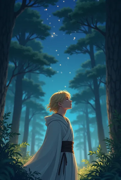 A young man, handsome, prince style, a semi-long soft blonde hair, In the forest looking at the stars around him.
It has a touch of Japanese style to the atmosphere and the physicality of it.. The image looks semi-blurry