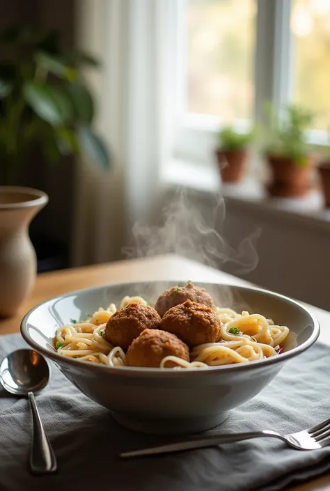 Delicious rice vermicelli bakso in bowl, on the table, kain kelabu, spon and fork, in the cozy kitchen, on the table, tepi tingkap, morning view, natural light, details, photography 