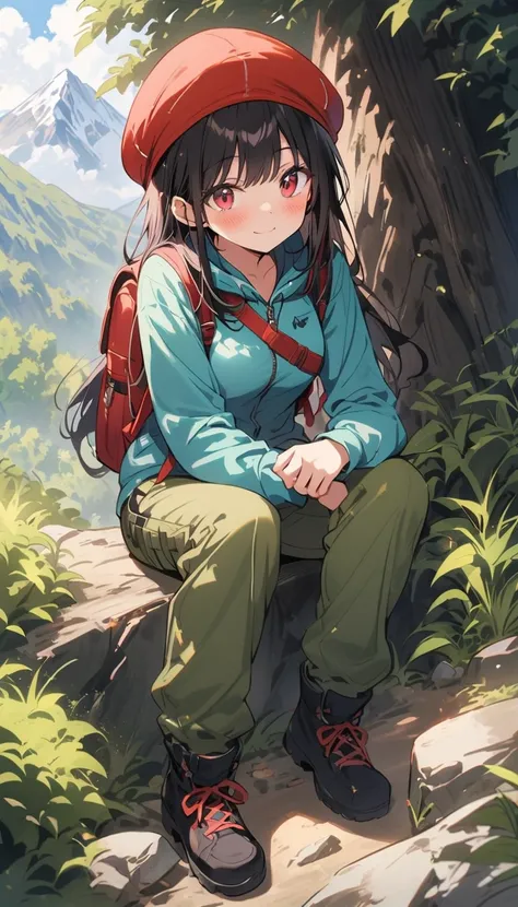 Adult women　Beauty　Tall　Black Hair　smile　Embarrassed　blush　hat　Roll up your sleeves　hiking clothes 　Hiking boots　Long trousers　Mountain trail　 rucksack　Climbing a mountain　forest　Photograph the whole body