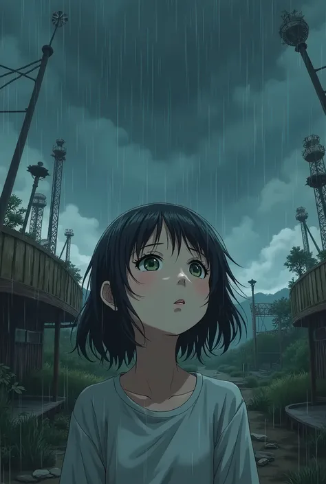 Japanese anime style, A girl is looking up , What she sees is an abandoned amusement park that is no longer in operation,Dark Skies,Its raining quietly ,